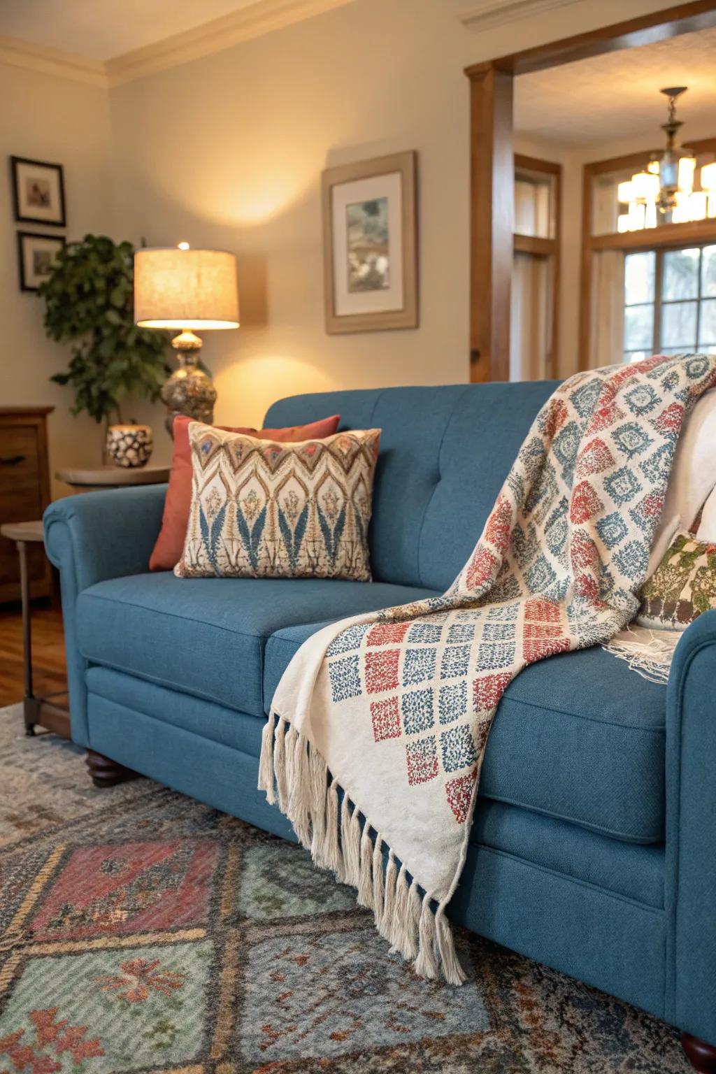 A snug throw enhances coziness and panache on the settee.