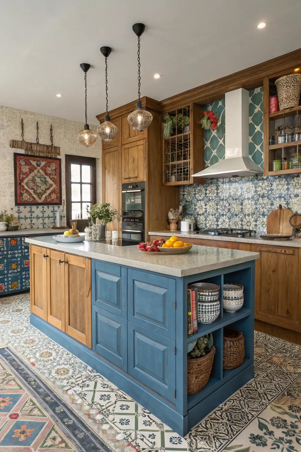 An eclectic mix of textures and patterns adds flair to the cerulean island.