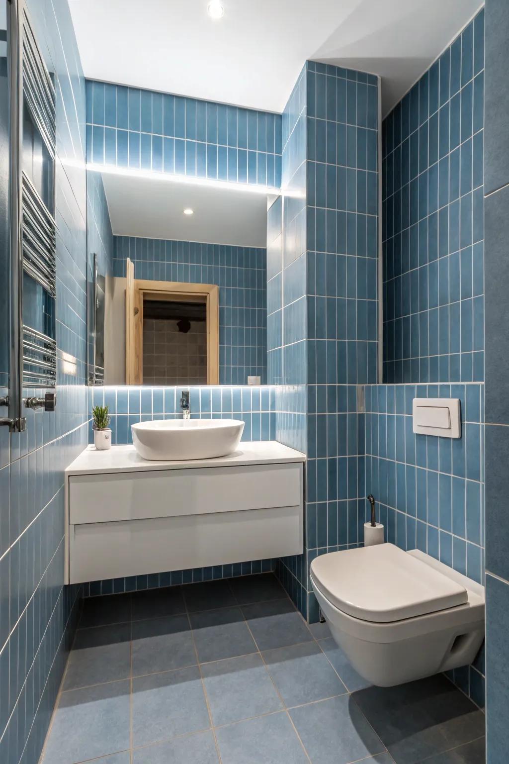 Minimalist azure units create a streamlined and modern washroom aesthetic.