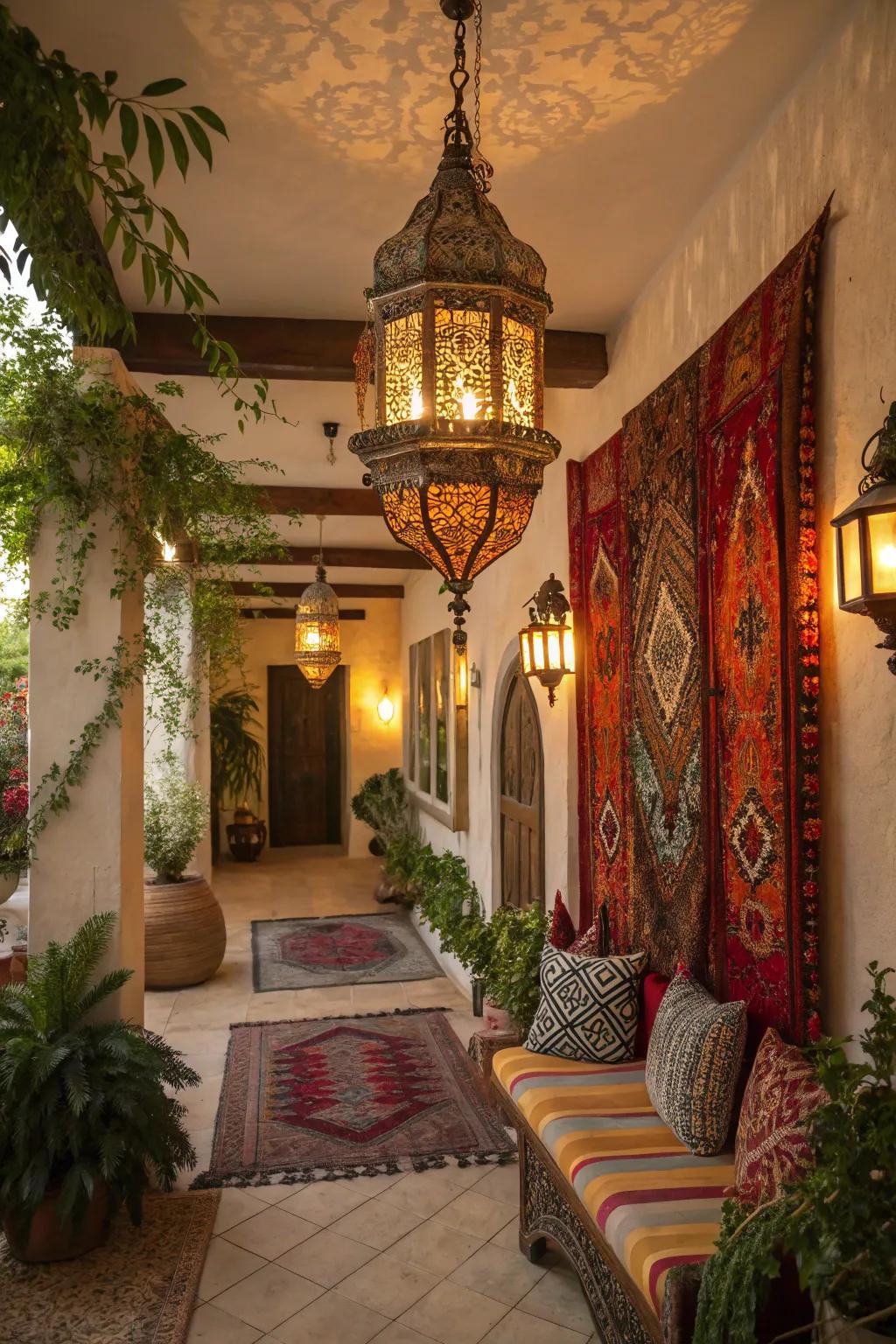 A Moroccan lantern brings exotic elegance to this boho foyer.