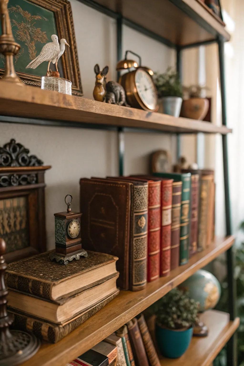 Antiquities lend legacy and charm to a bookshelf’s decor.