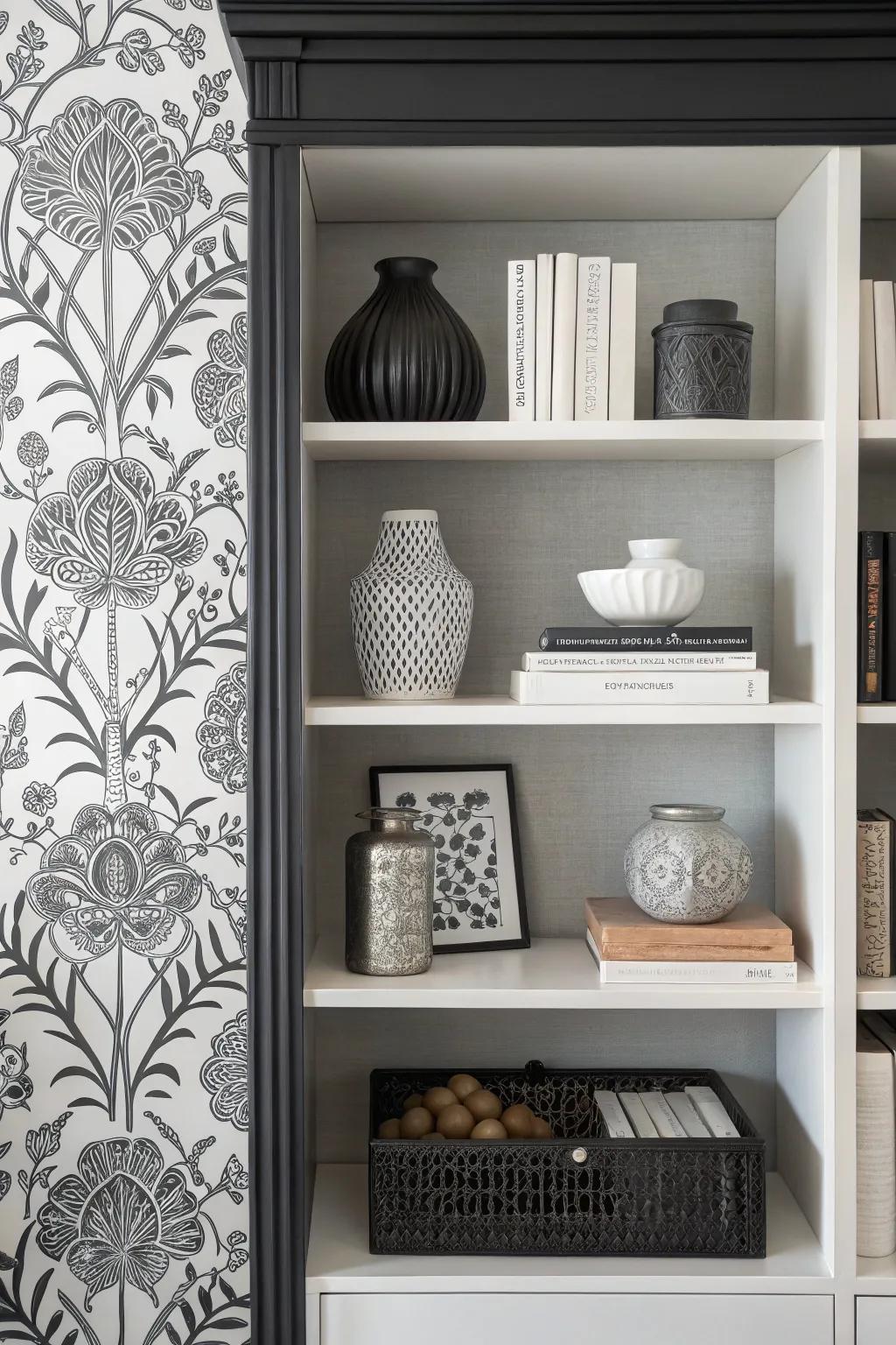 A bookshelf featuring monochrome wallpaper, radiating a contemporary, contrasting vibe.