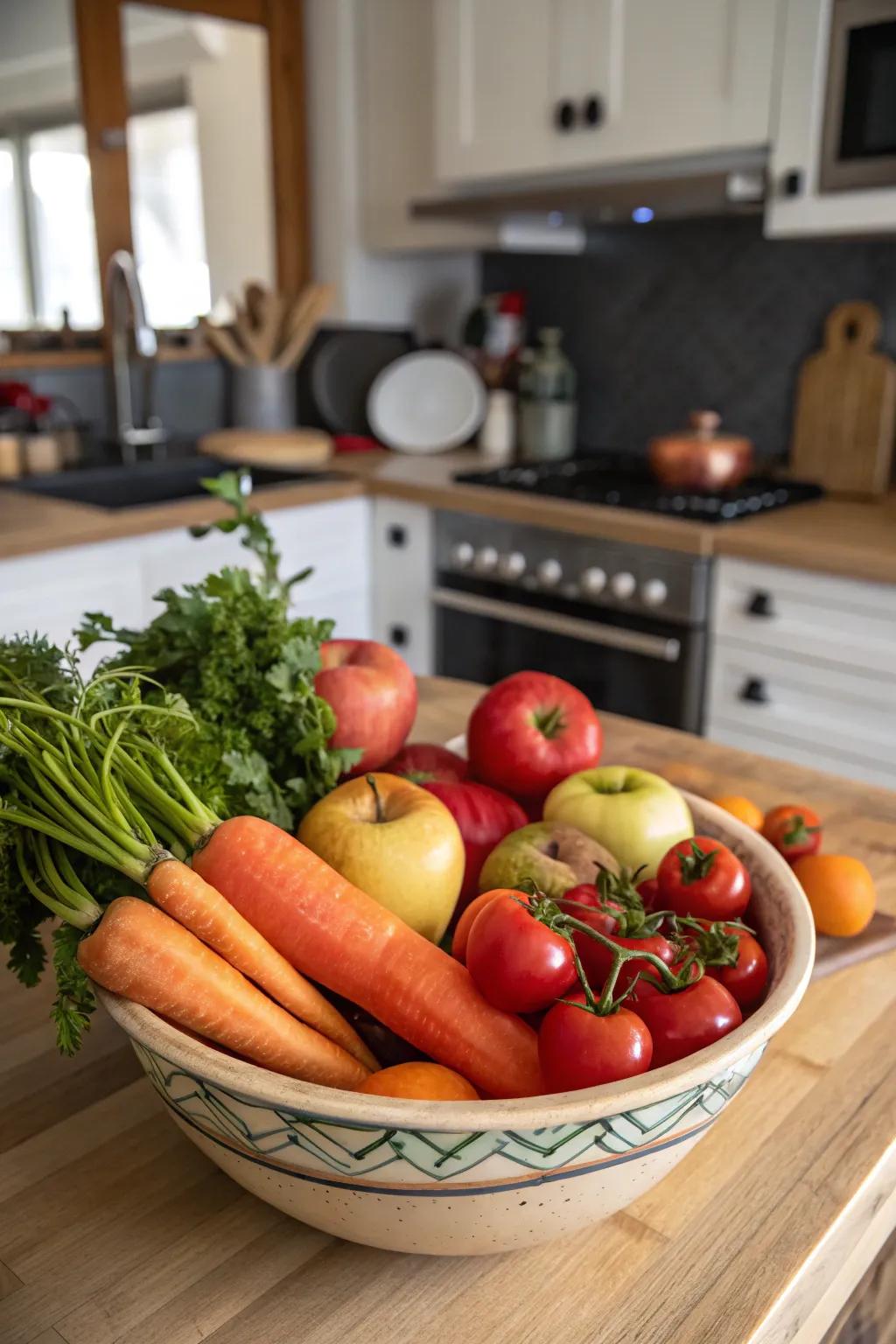 A ceramic bowl filled with fresh produce, mixing color and purpose