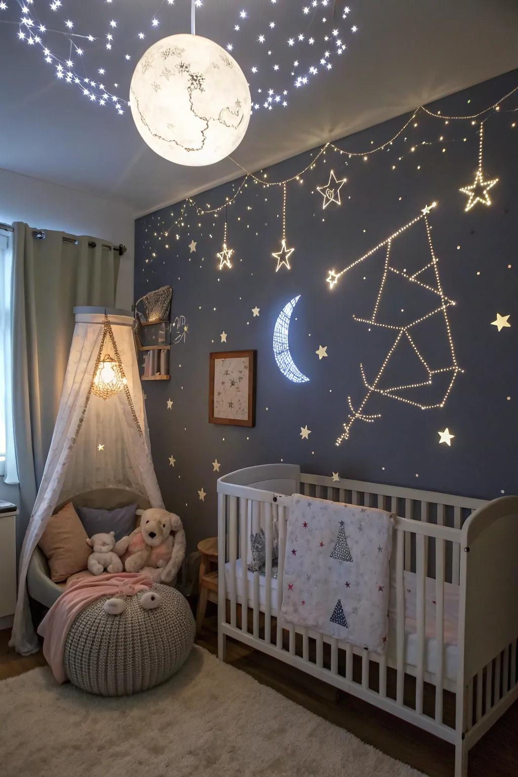 Dream beneath the constellations through a skyward fantasies-themed nursery.