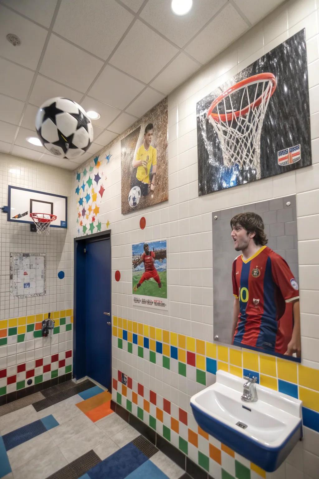 Athletic-themed highlights personalize a boys' lavatory.