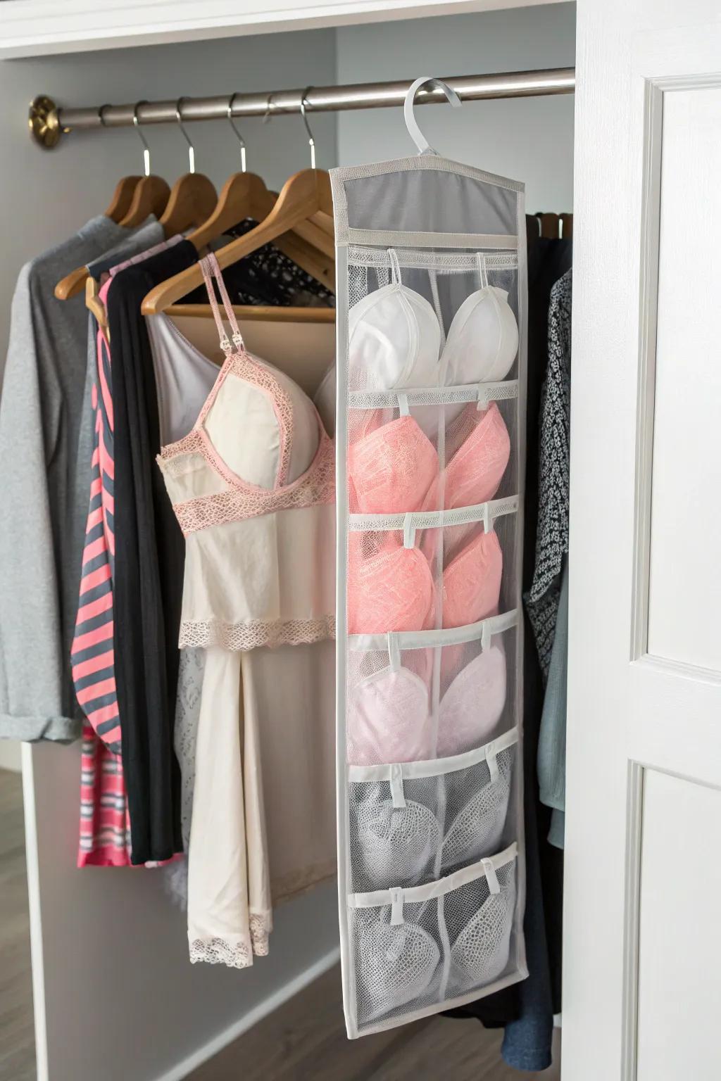 Keep your bras organized with see-through hanging pockets.