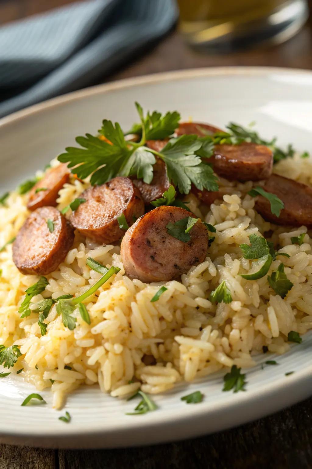 Indulge in a hearty allium grain and sausage breakfast.