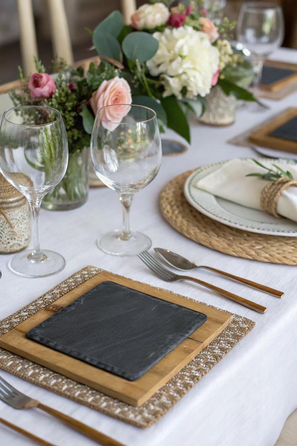 Slateboard coasters serve as both decor and memorable keepsakes.