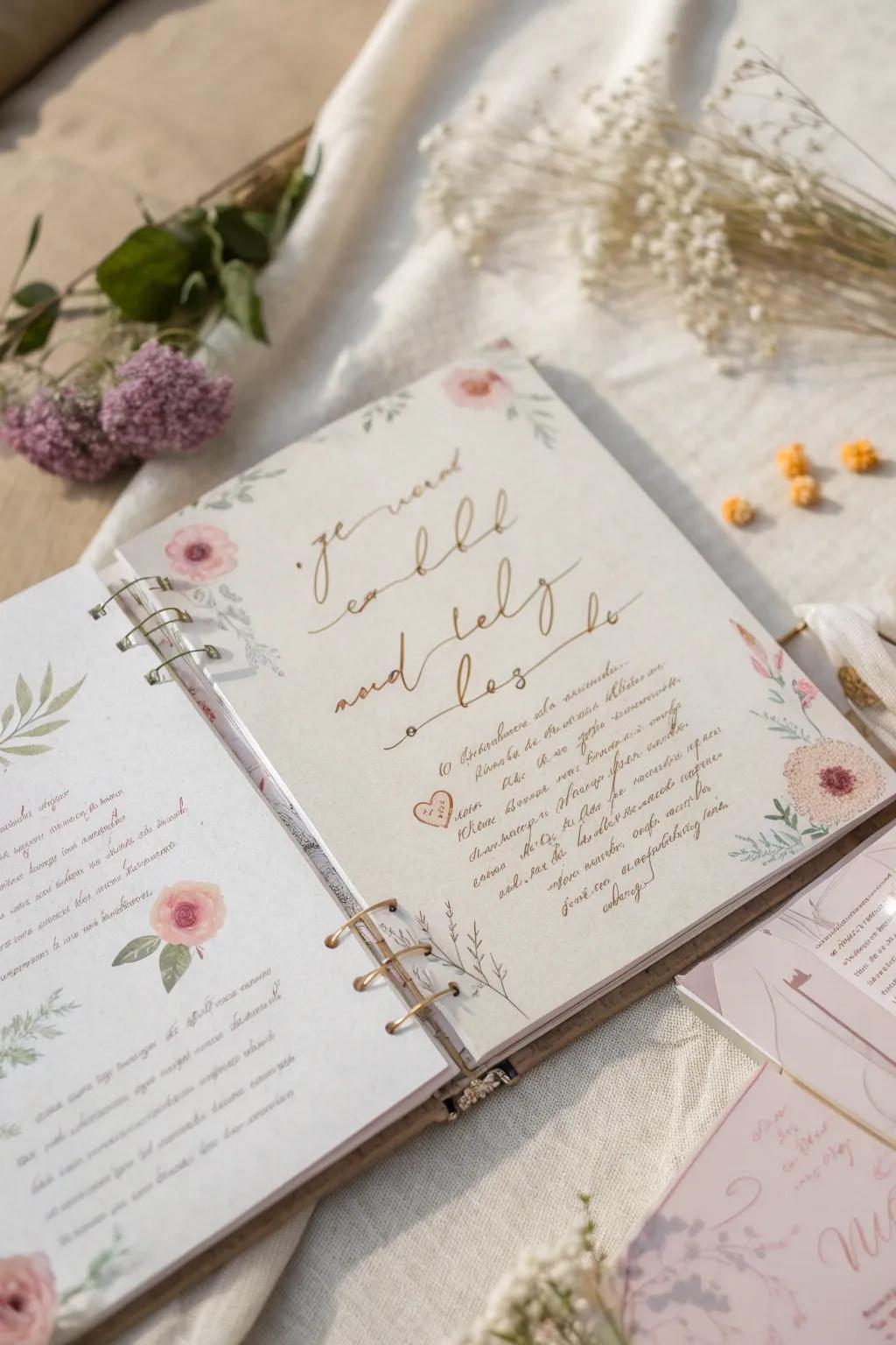 Capture the essence of affection through heartfelt quotes in your bridal scrapbook.