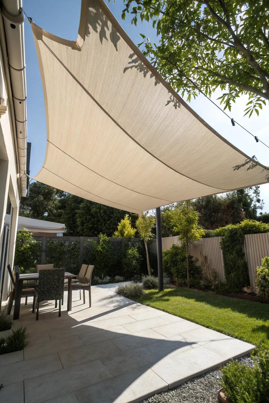 Transform your backyard with a sleek and modern sun veil—where panache converges with usefulness.