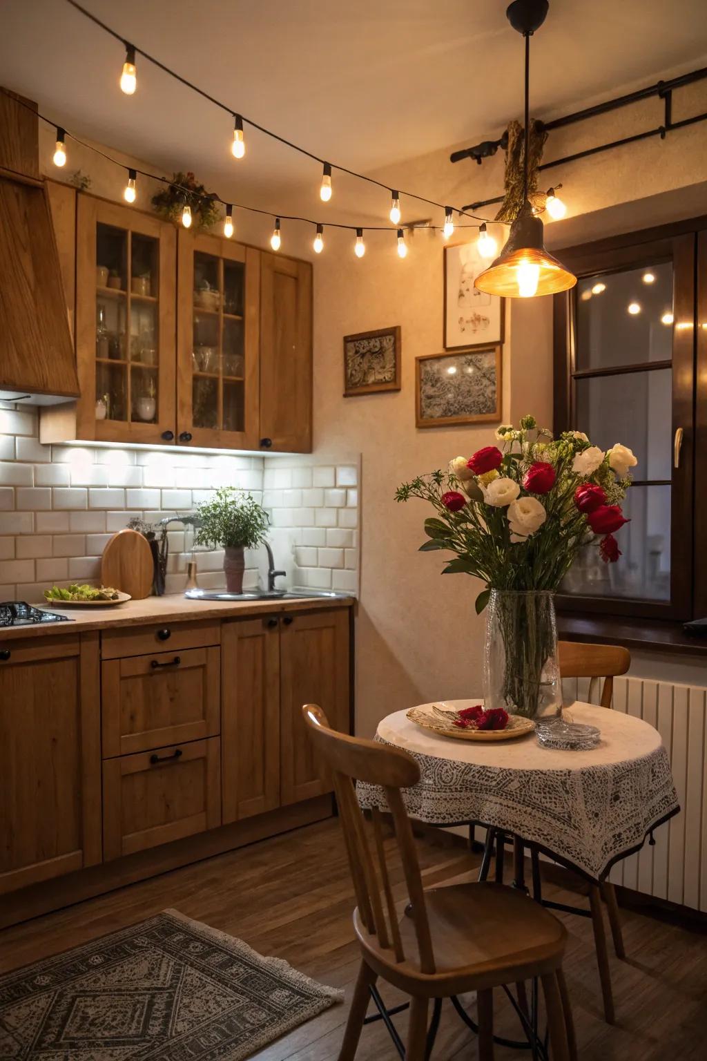 Layered lighting enhances the atmosphere of this kitchen.