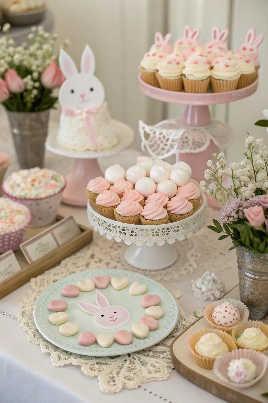 A charming dessert table filled with rabbit-concept delights.