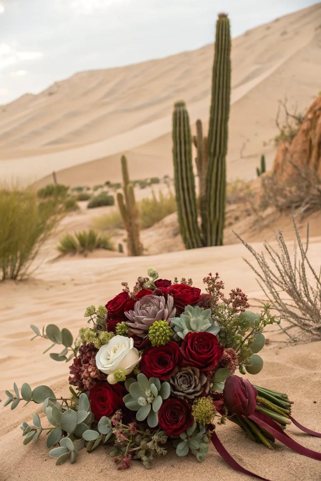 Burgundy bouquet featuring unique succulent accents.