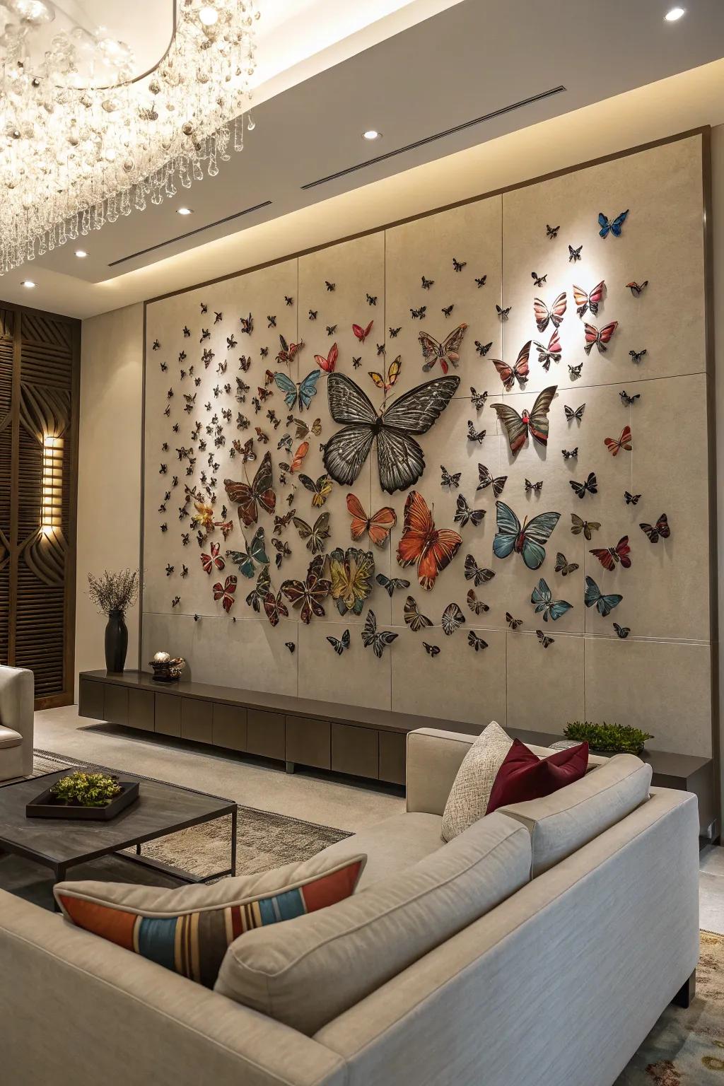 A butterfly art installation is a stunning element.