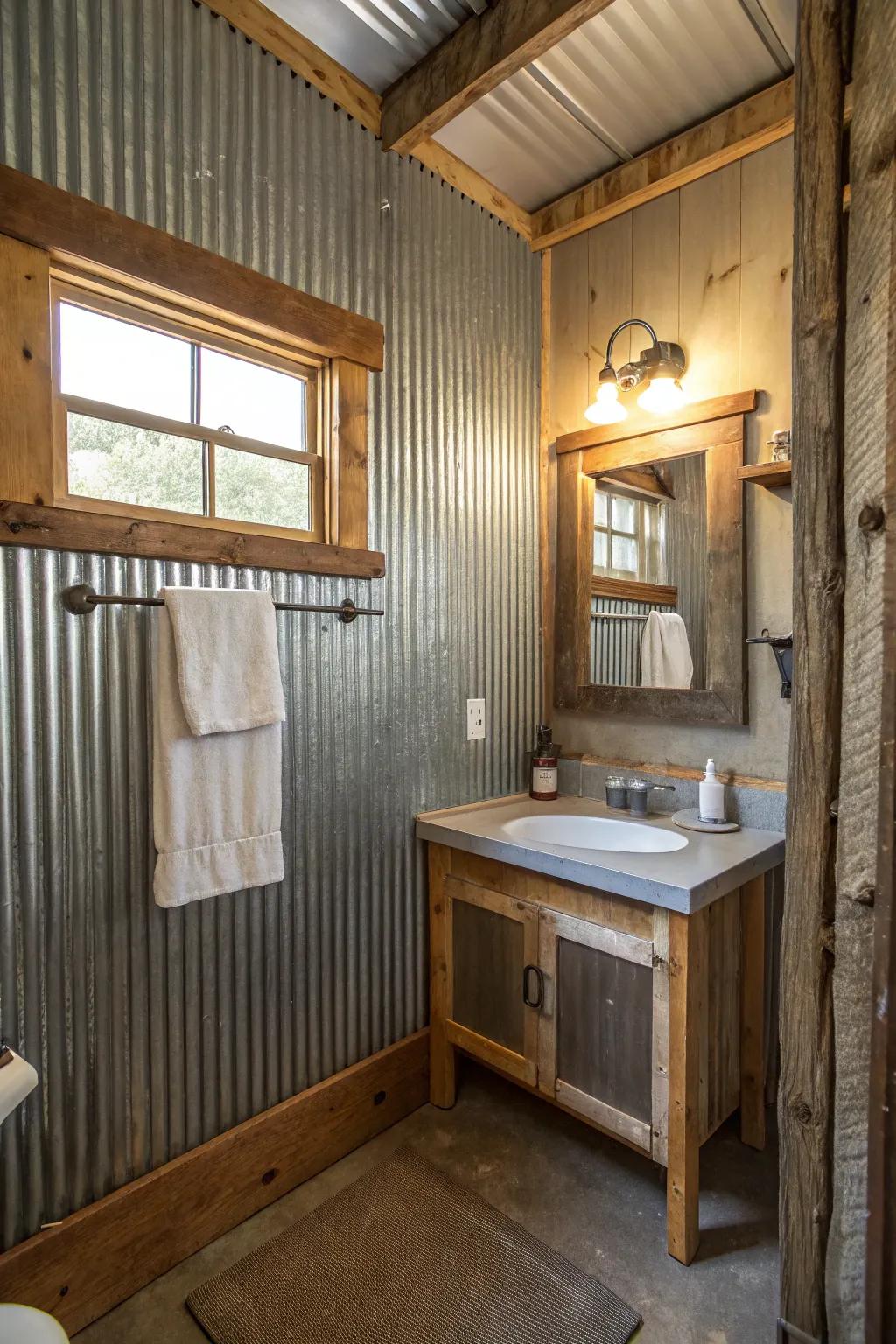 A cabin bathroom featuring corrugated metal walls for an industrial touch.