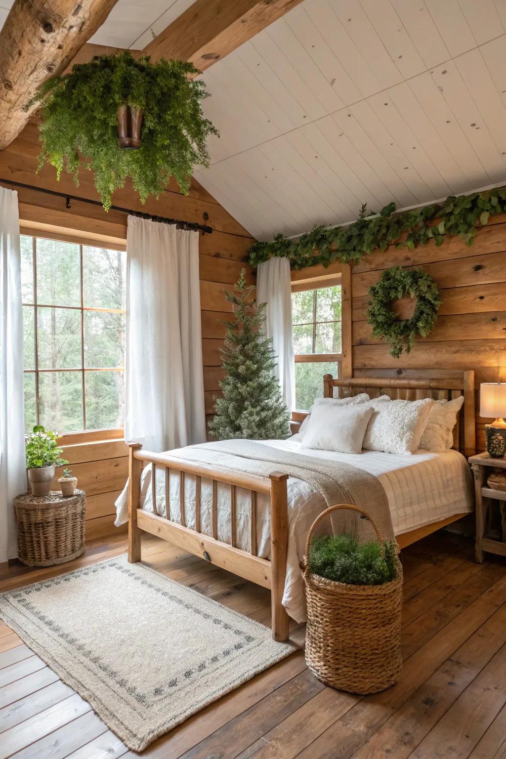 A cabin bedroom that has artificial greenery and natural decorations.