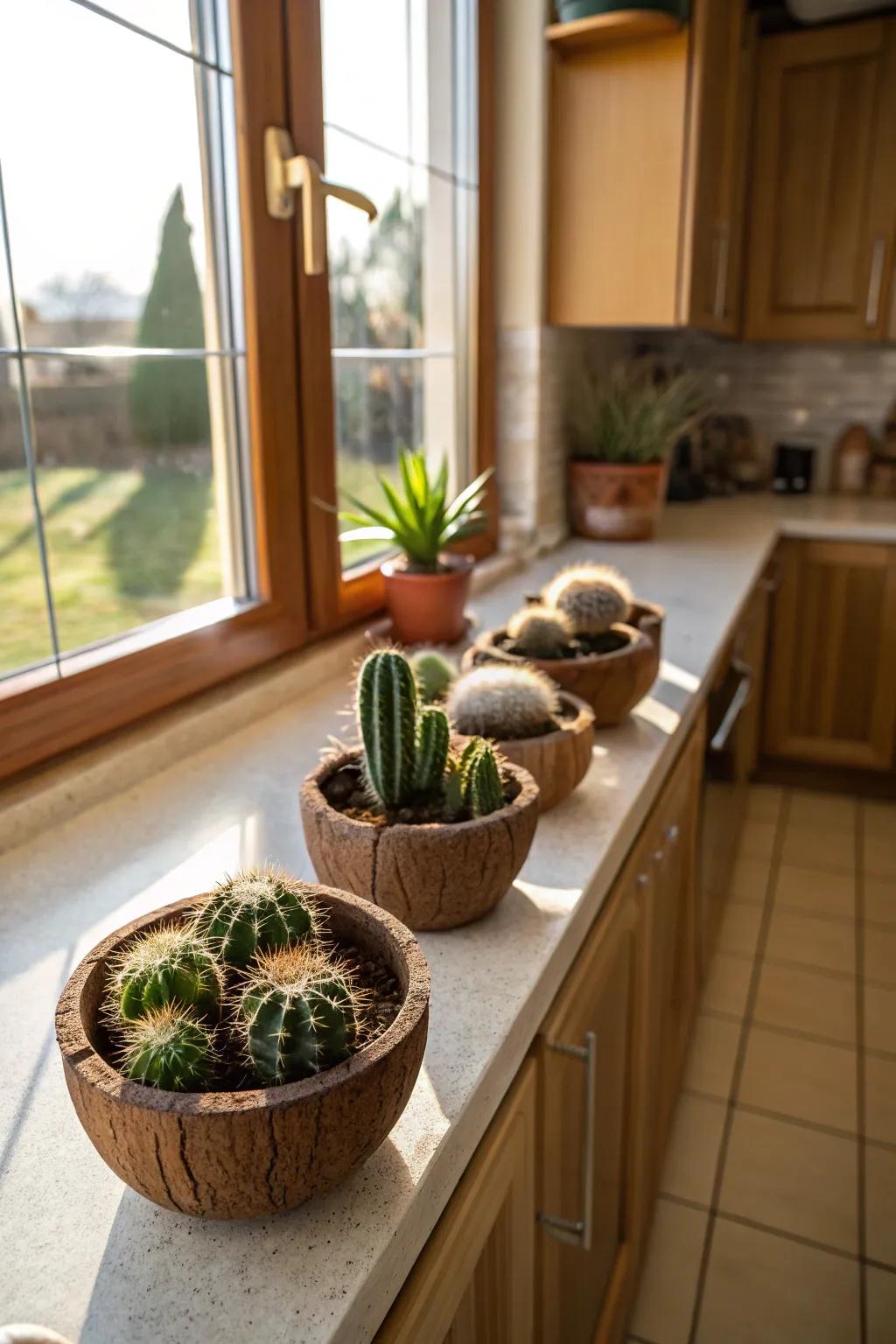 Empty nut shells introduce a tropical touch to your cactus decor.