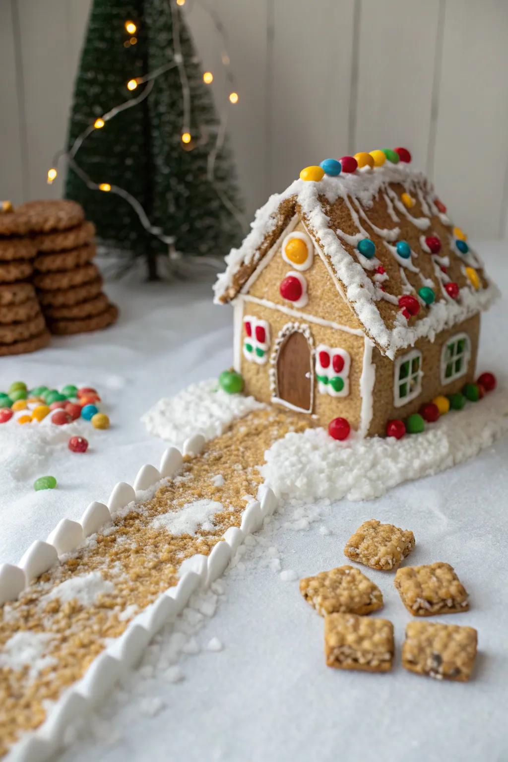 A rustic walkway fashioned from pulverized grain puffs leading toward the gingerbread residence.