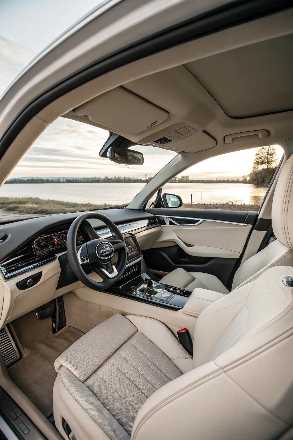 A minimalist car interior, offering a tranquil and serene driving experience.