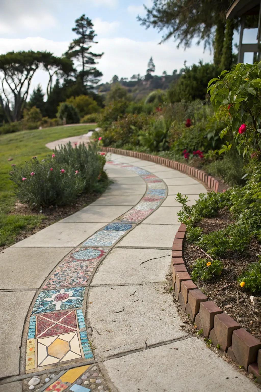 Mosaic tile features on a stone tile path for a burst of creativity.