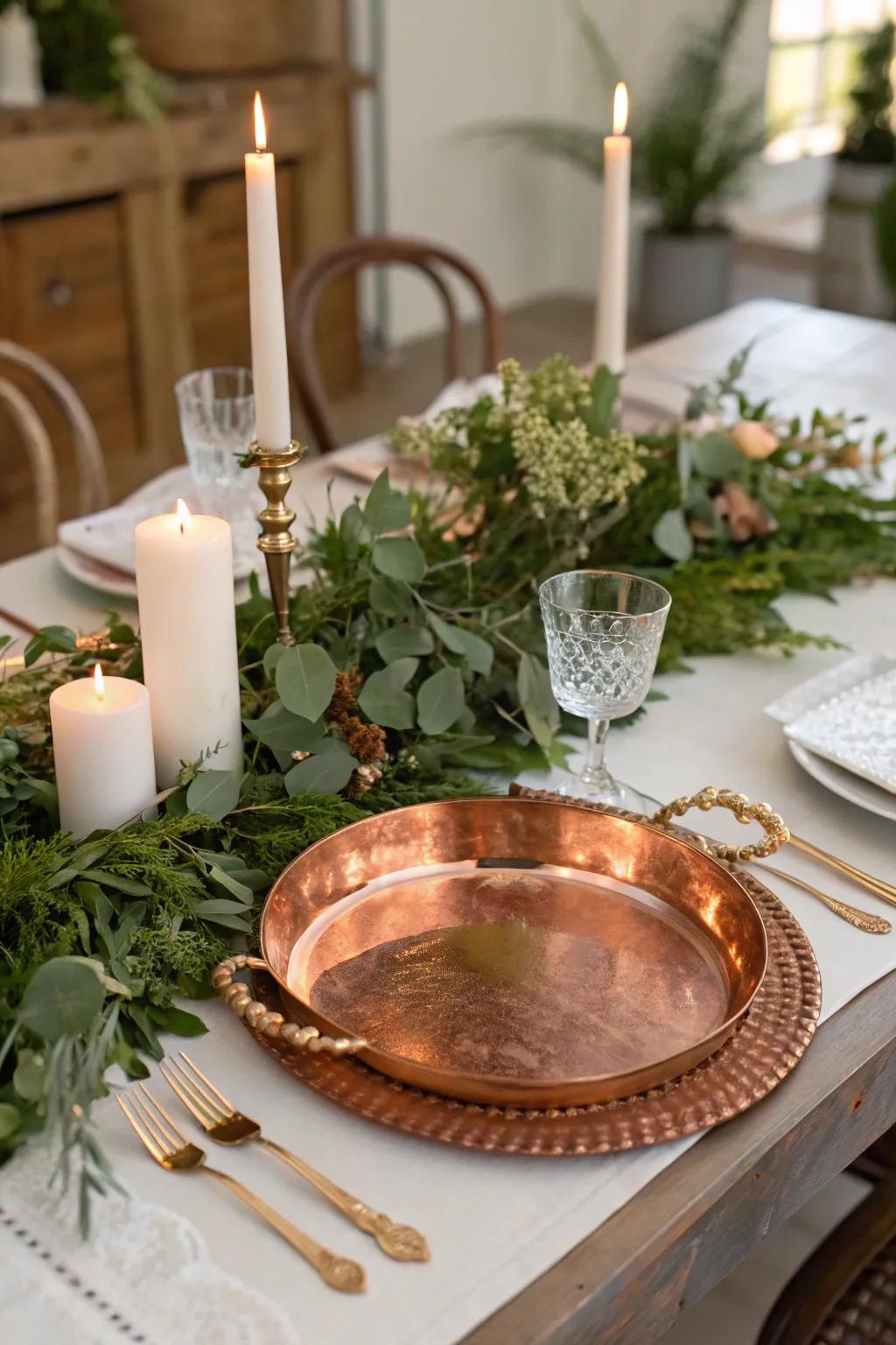 Earthy coziness emphasizing a bronze plate centerpiece foundation.