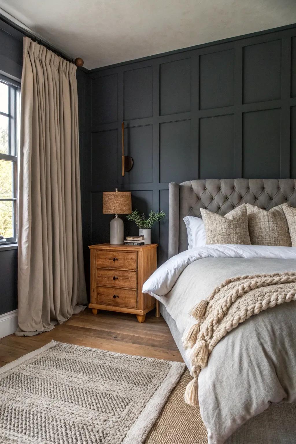 A variety of textures injects depth into an ash bedroom.