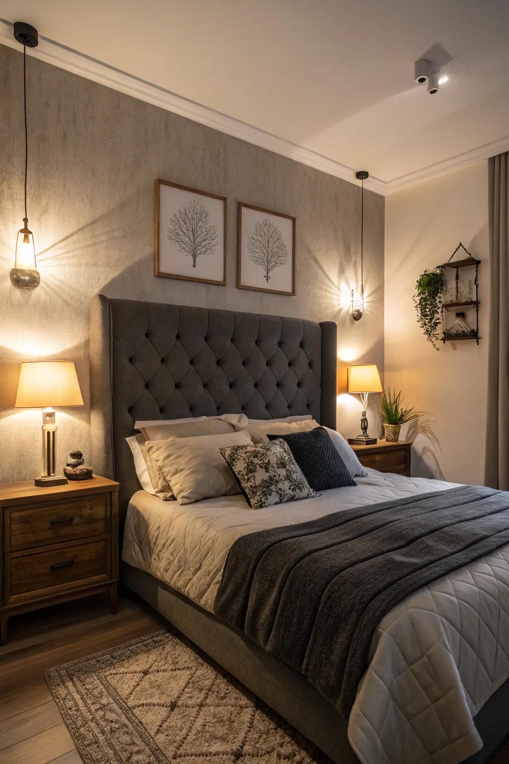 Soft lighting enhances the cozy ambiance of a dark grey headboard.
