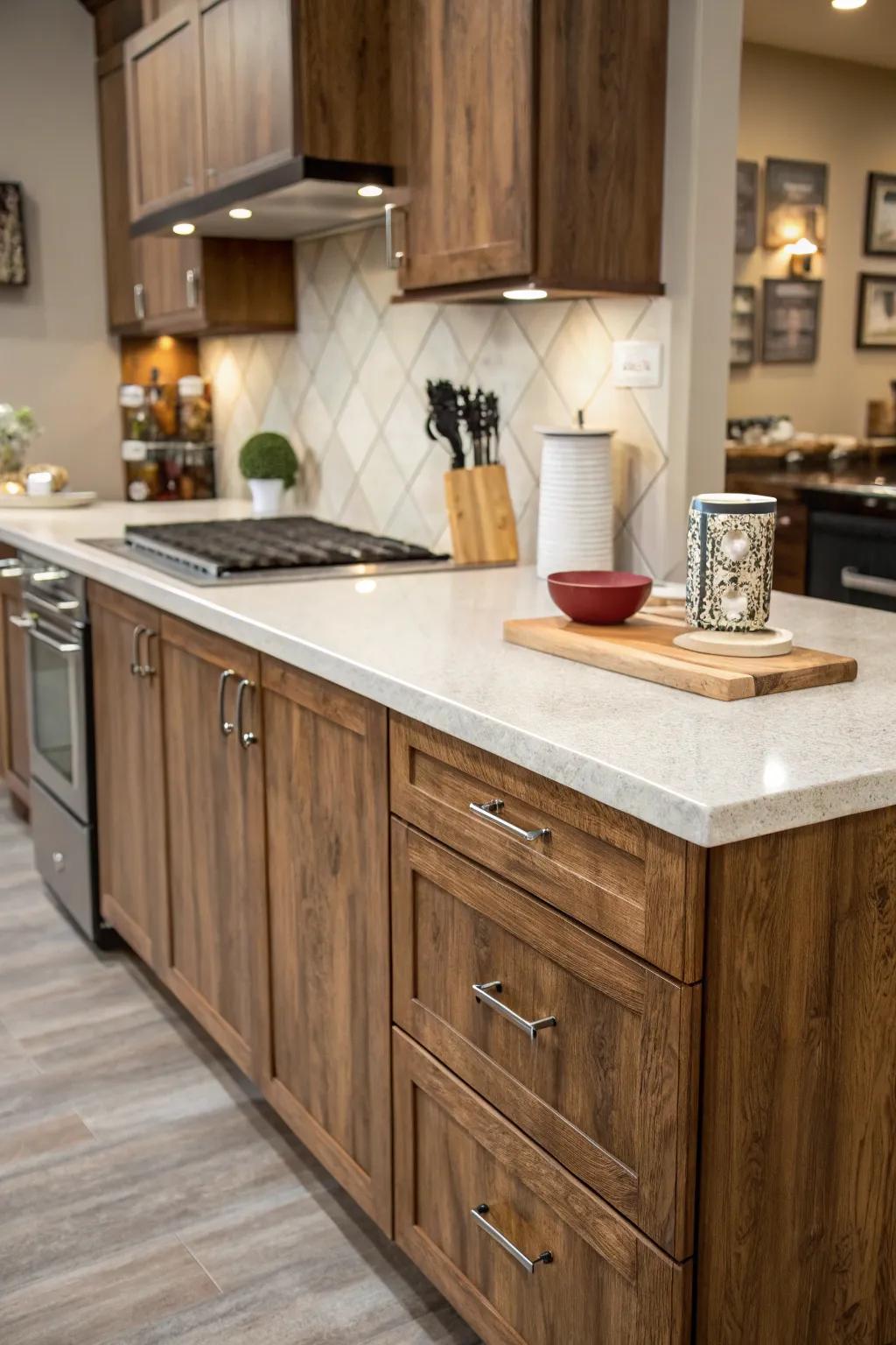 Stylish kitchen with plastic wrap countertops.
