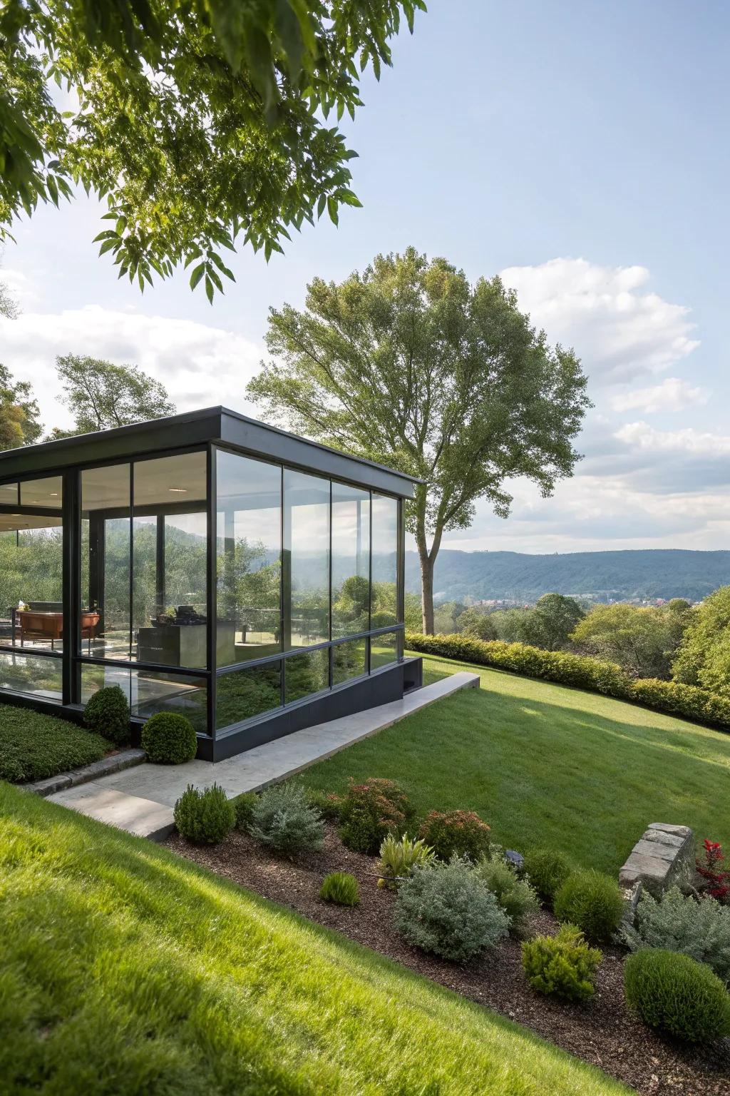 An elegant glass abode offering breathtaking views and natural light.
