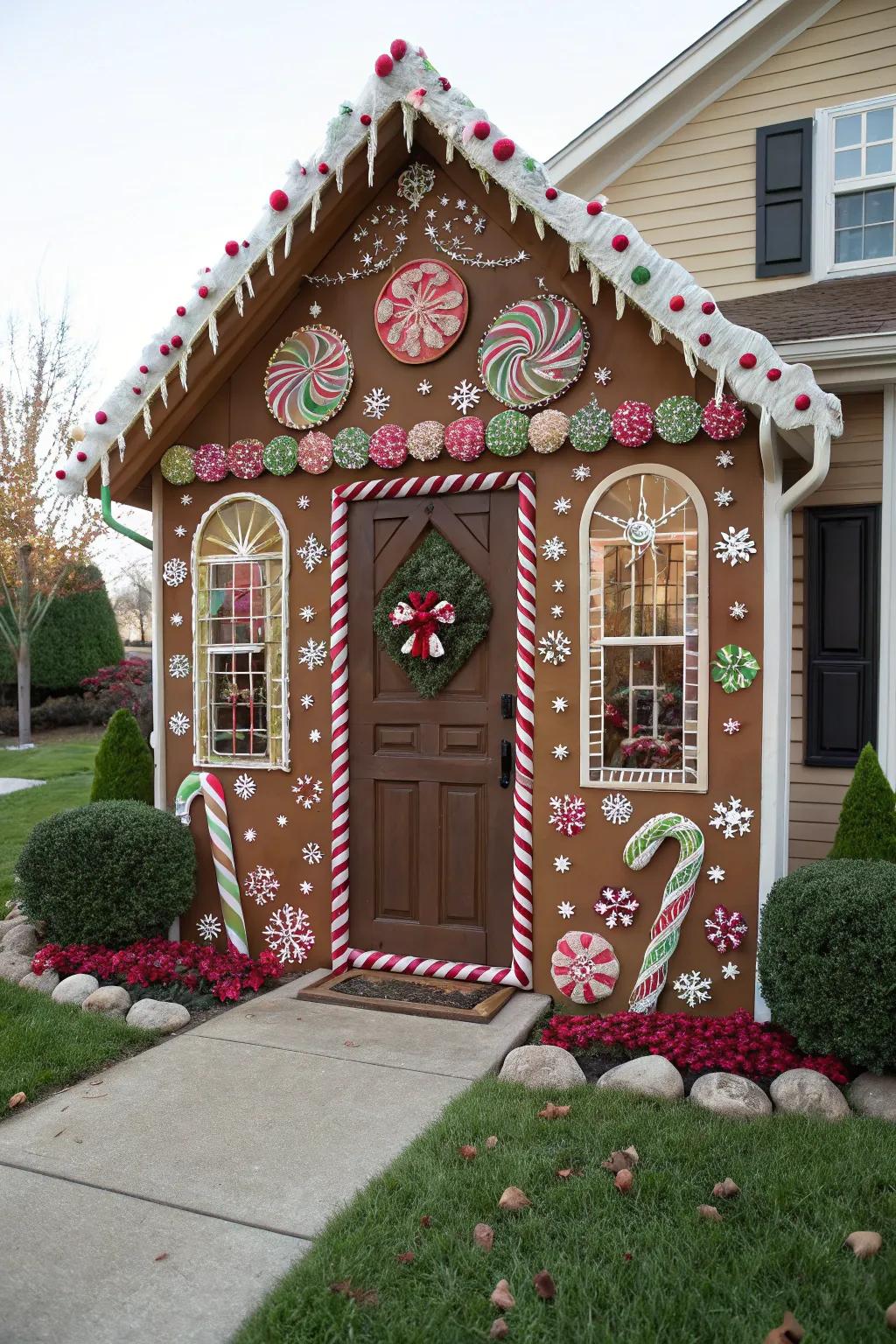 Transform your entrance into a whimsical gingerbread abode.