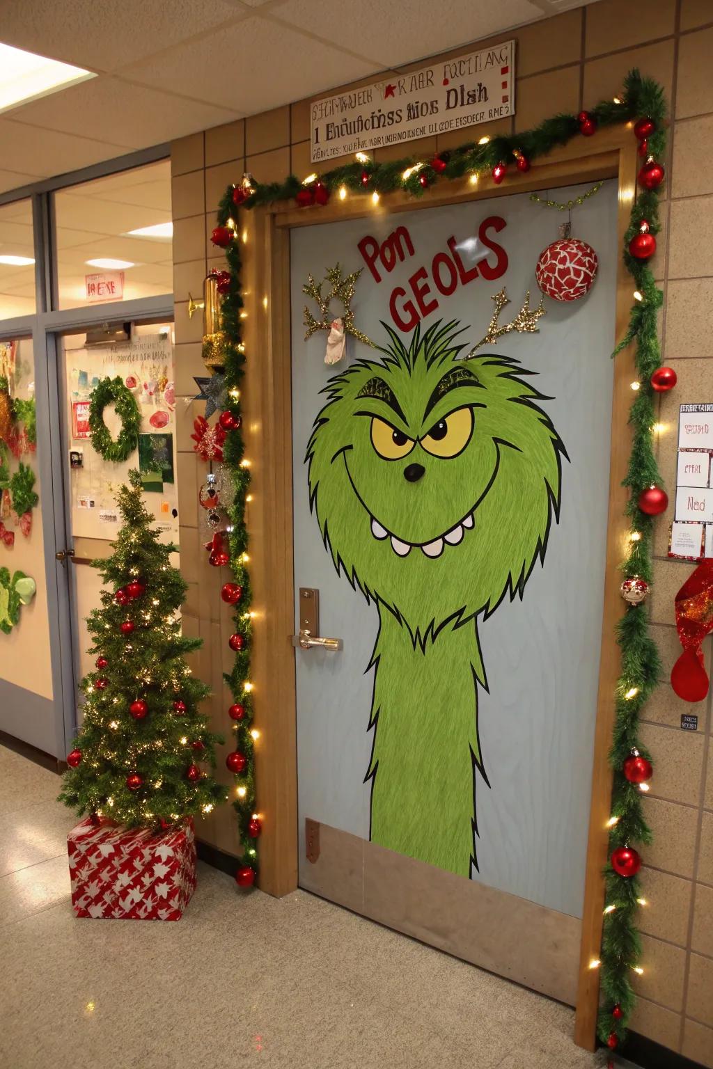 The Grinch's den imparts a playful nuance to this entryway.