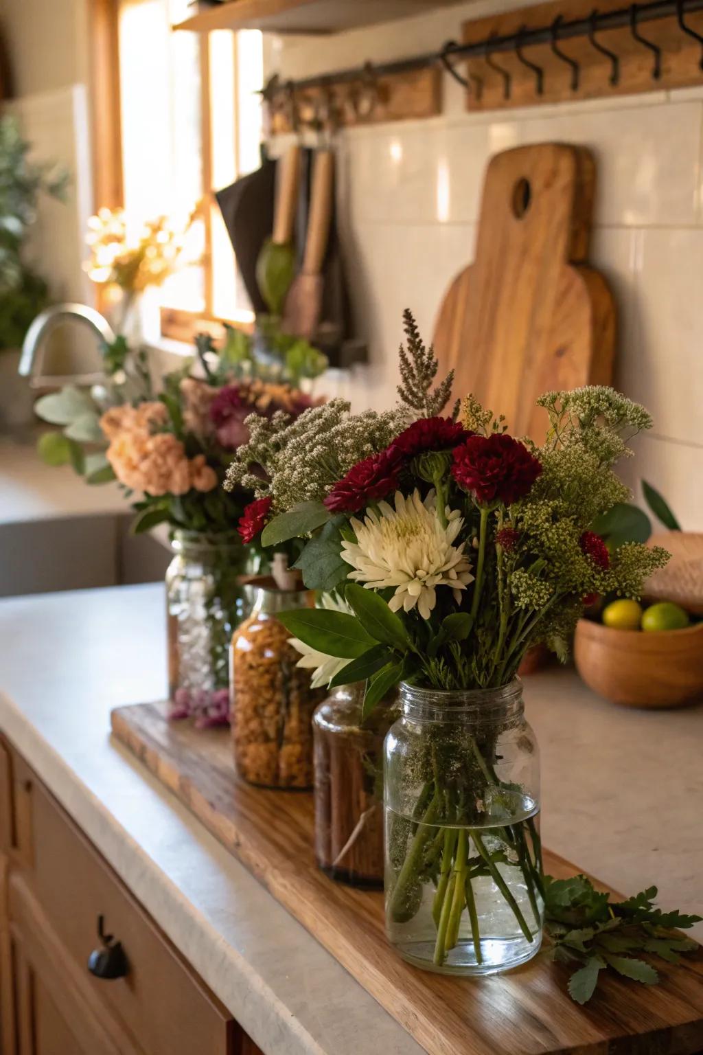 Artisan pots filled through blooms append unrefined charm to every space.