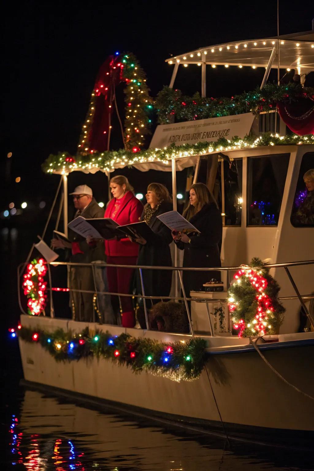 A boat hosting a Yuletide hymn karaoke, disseminating joy through song.