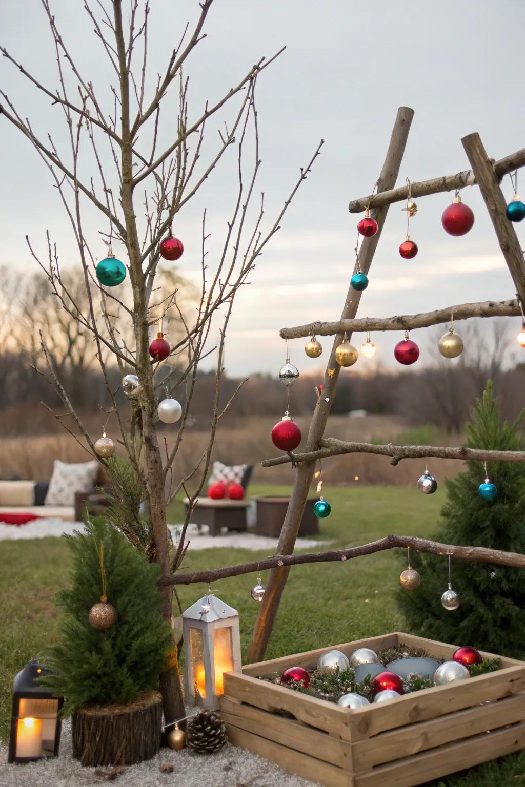 A DIY outdoor bauble display with branches and ornaments.