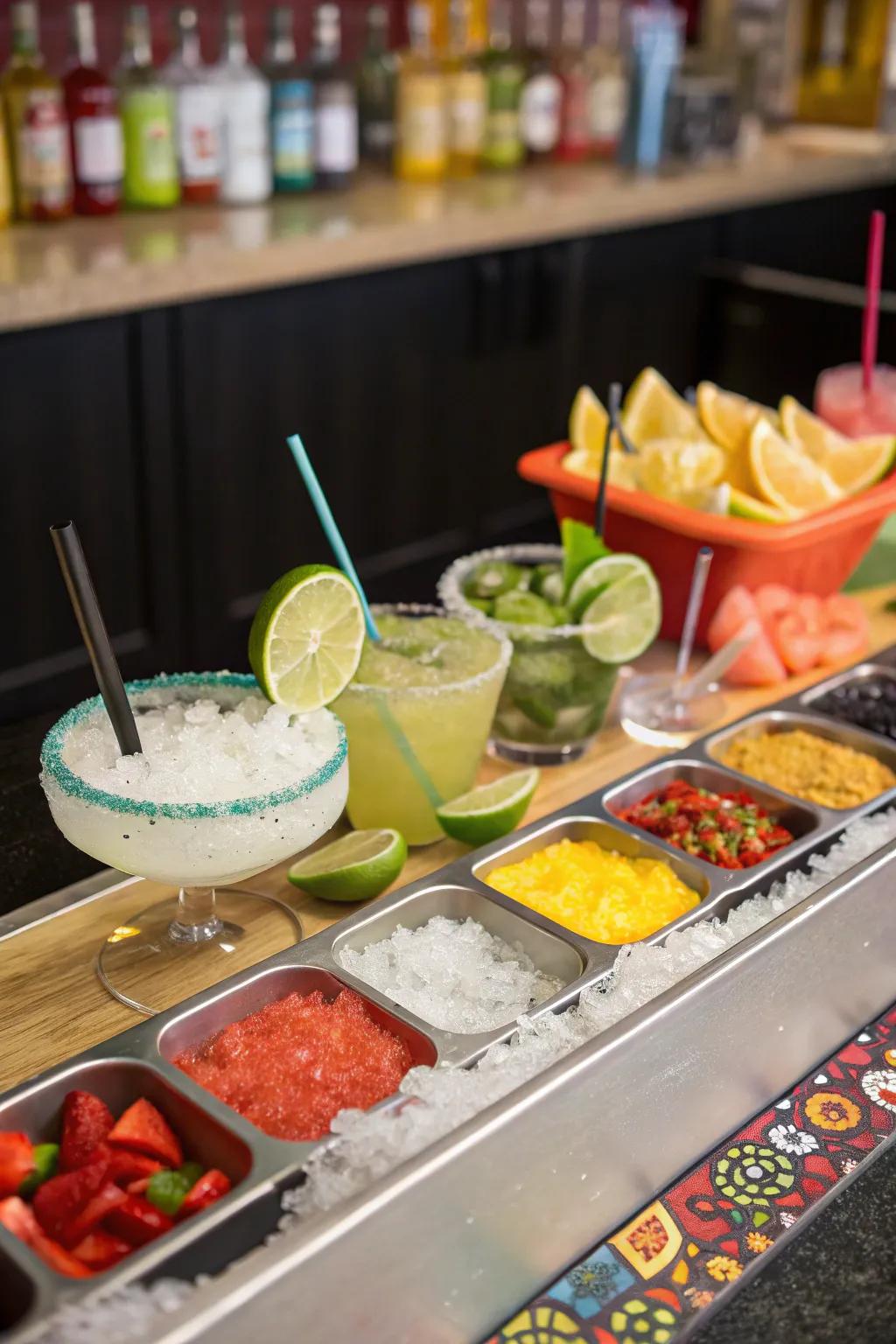 A celebratory margarita station offering a spectrum of essences and garnishes.