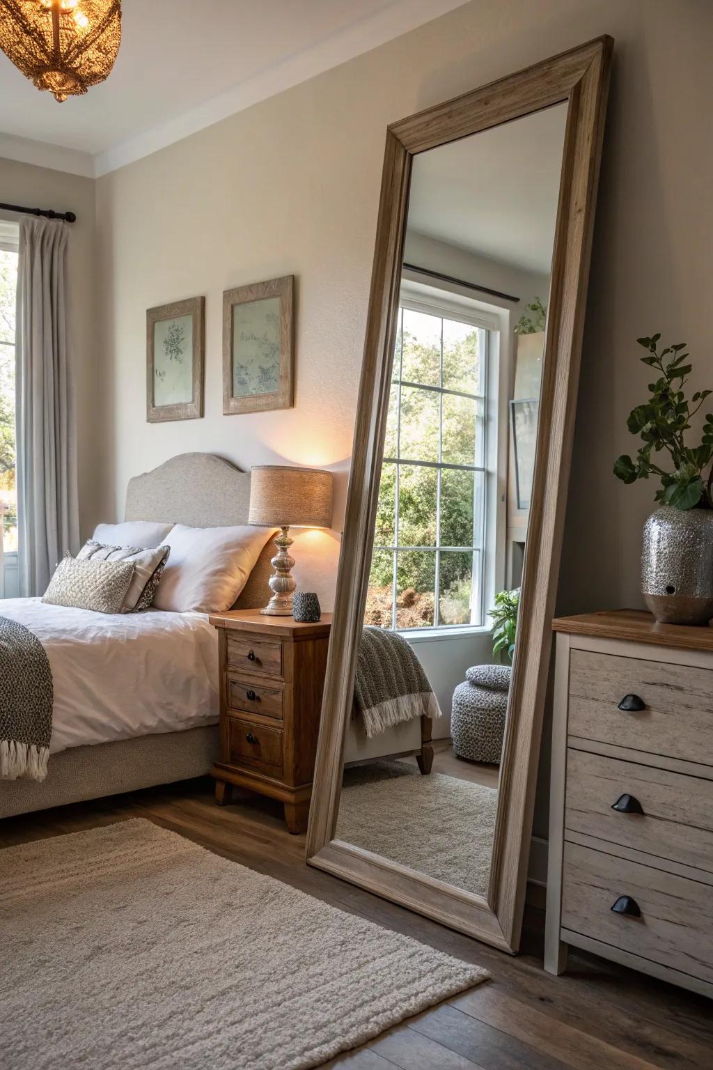 A large mirror adds space and enhances light in the bedroom.