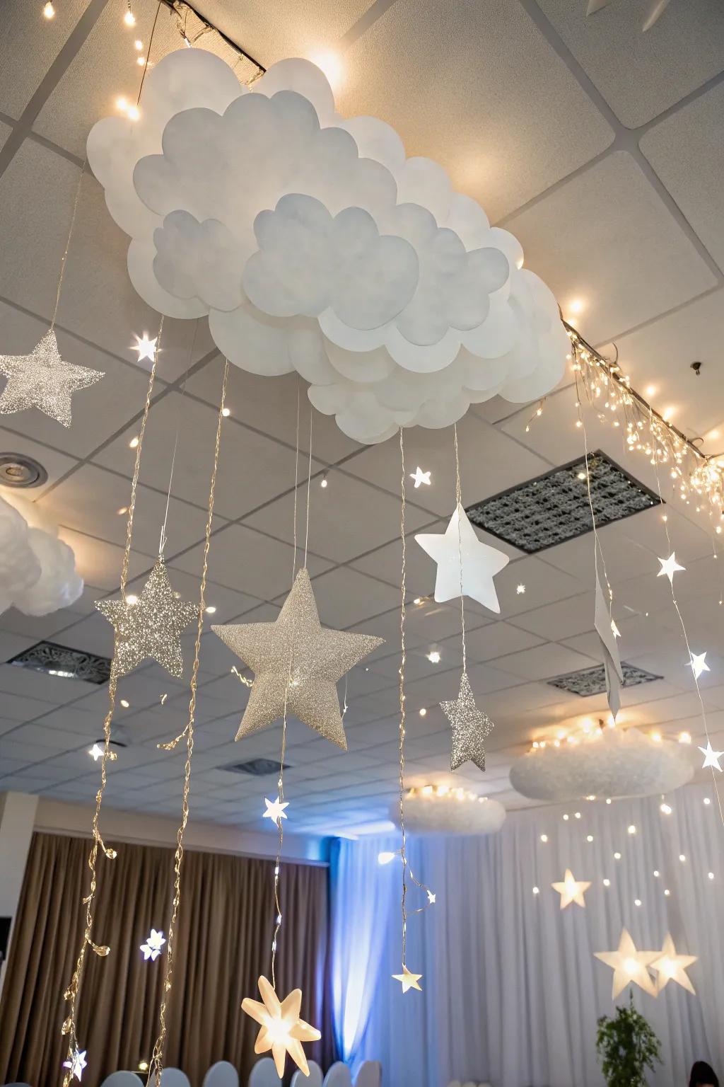 A celestial ceiling display with clouds and stars contributes an enchanting element to the venue.