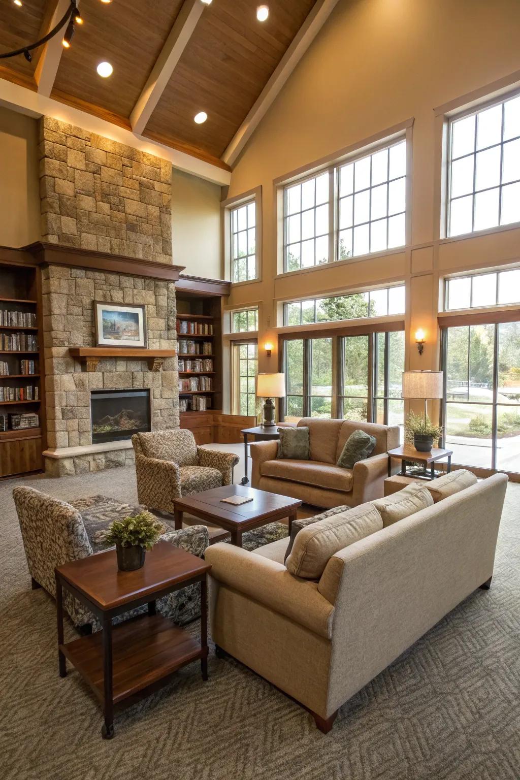 Enlarged furniture cultivating a luxurious feel in a clubhouse.