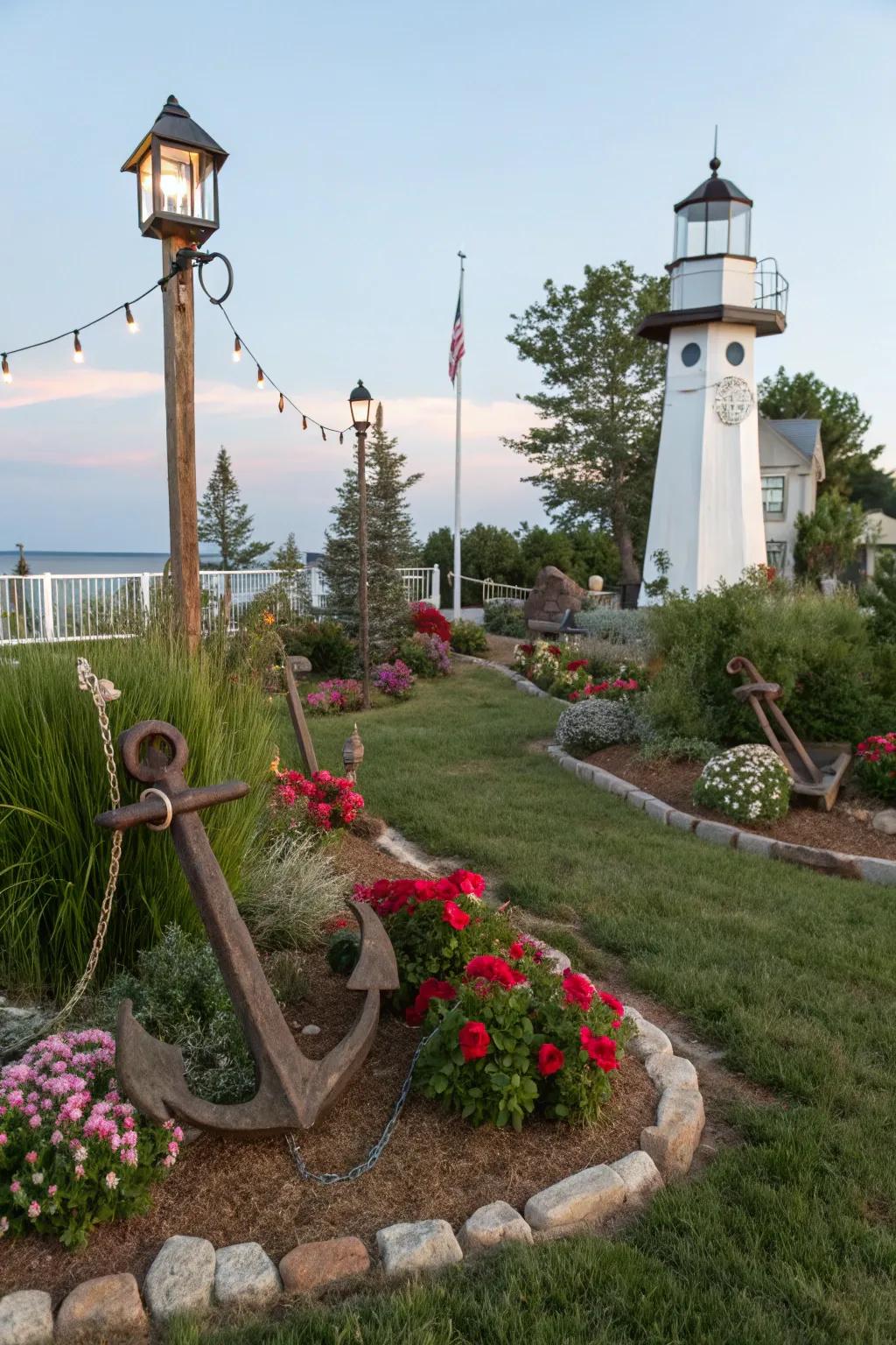 Seafaring-themed accents add charm to a coastal garden.
