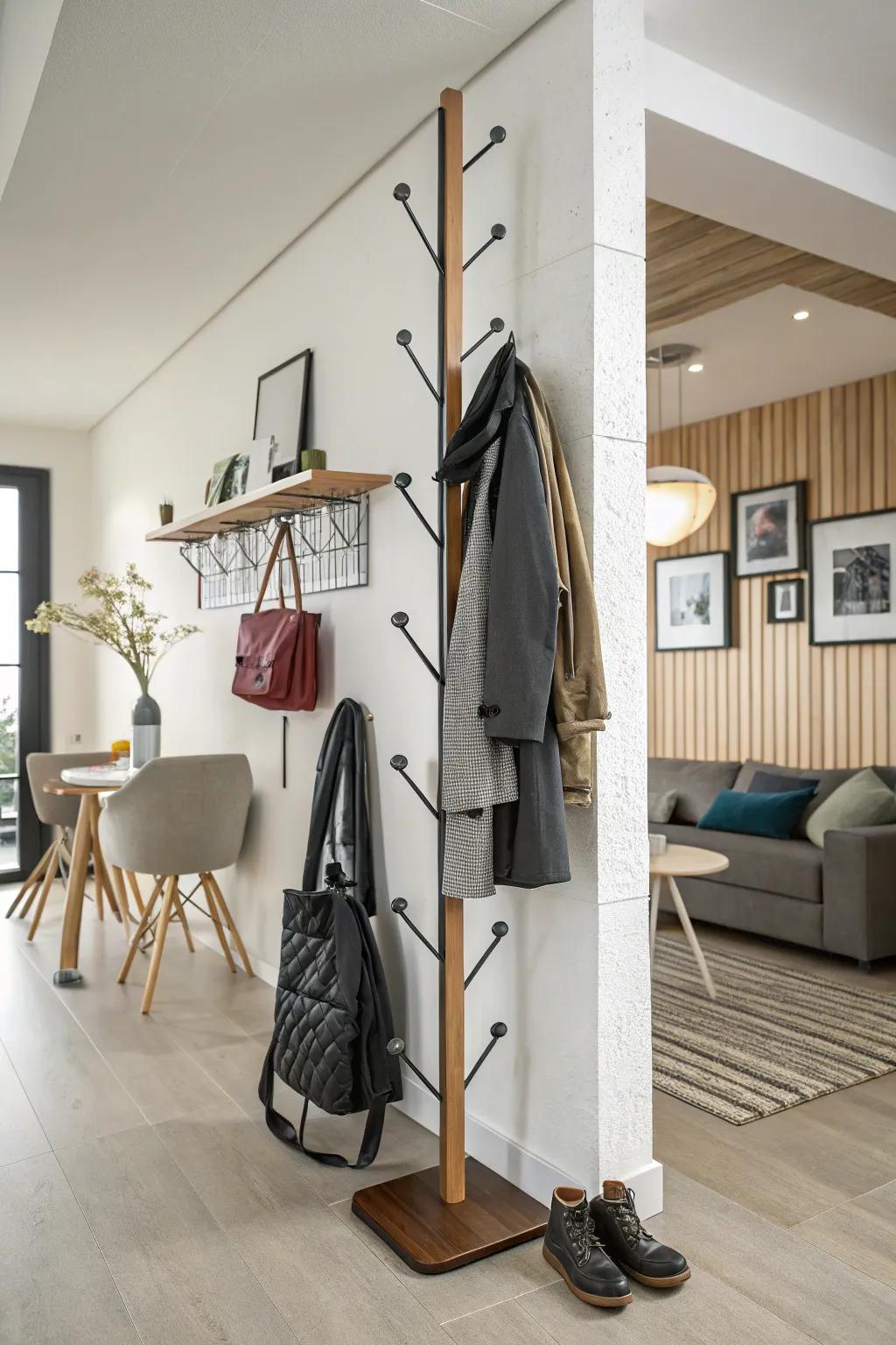 An off-balance coat rack design, creating a striking visual focal point.