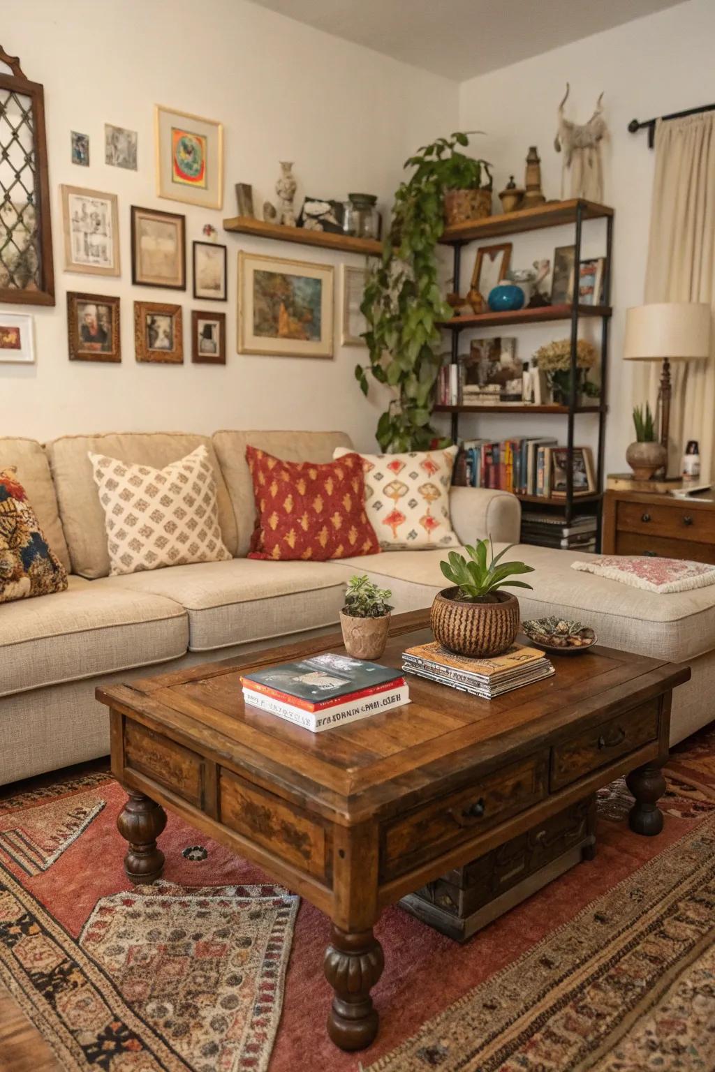 A vintage coffee table fills the room with character and charm.