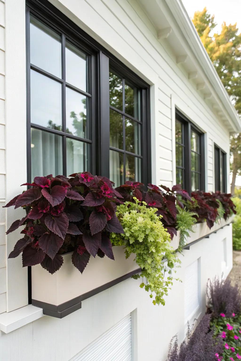 Dark 'Spectrum Leaf' foliage injects dramatic contrast into window boxes.