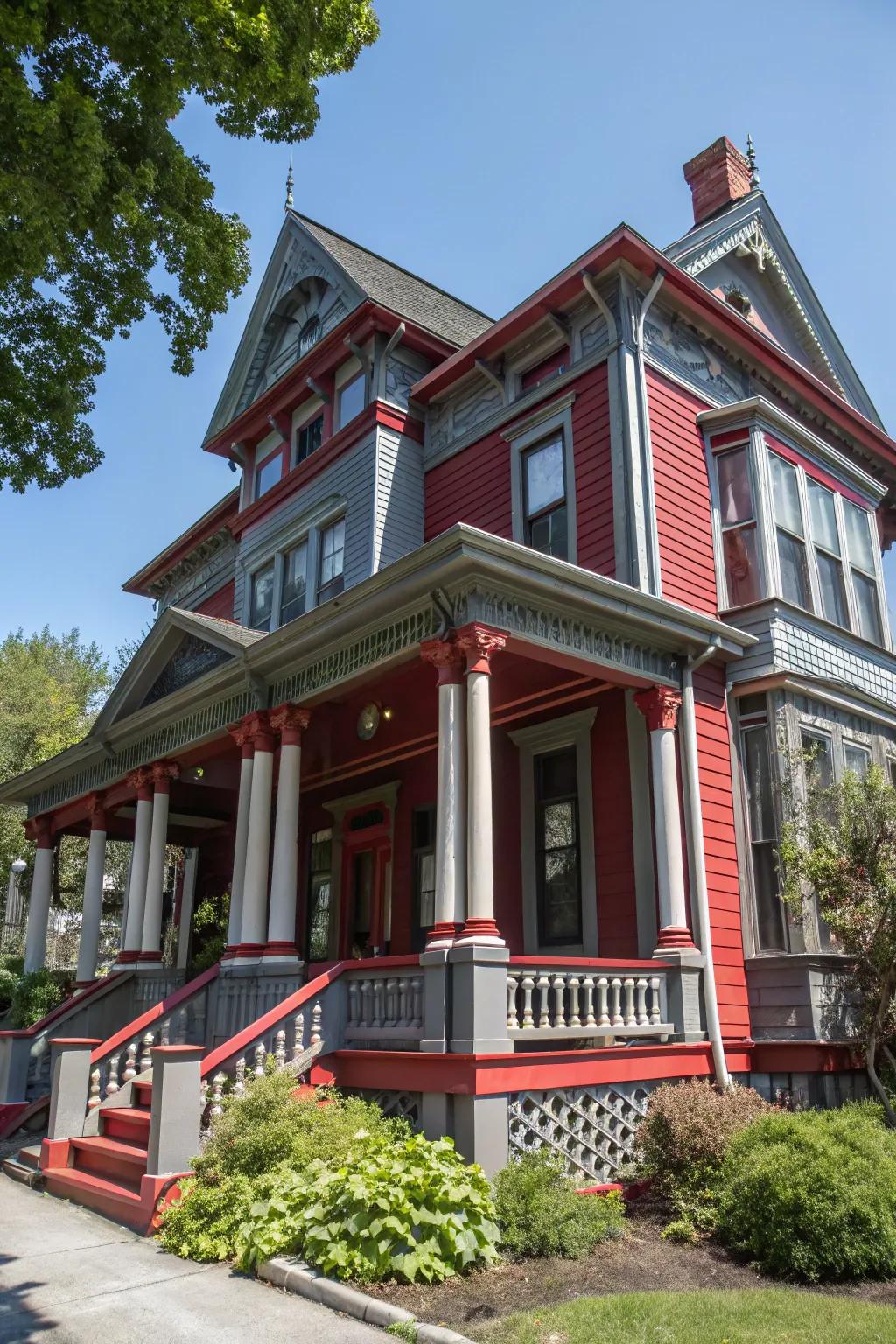 Colonial house with striking scarlet and slate highlights.