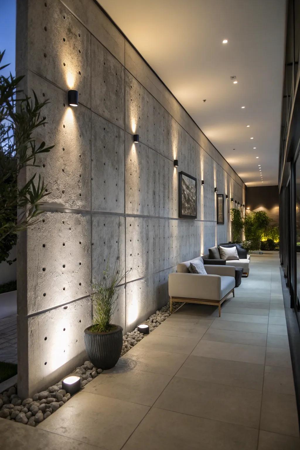 Illumination effects enhance the sophistication of concrete walls.