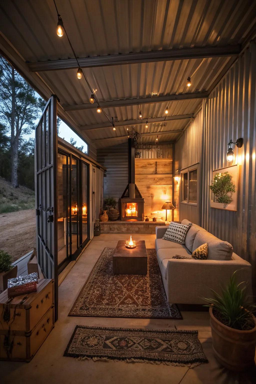 A central hearth appends warmth to the living zone of this container dwelling.