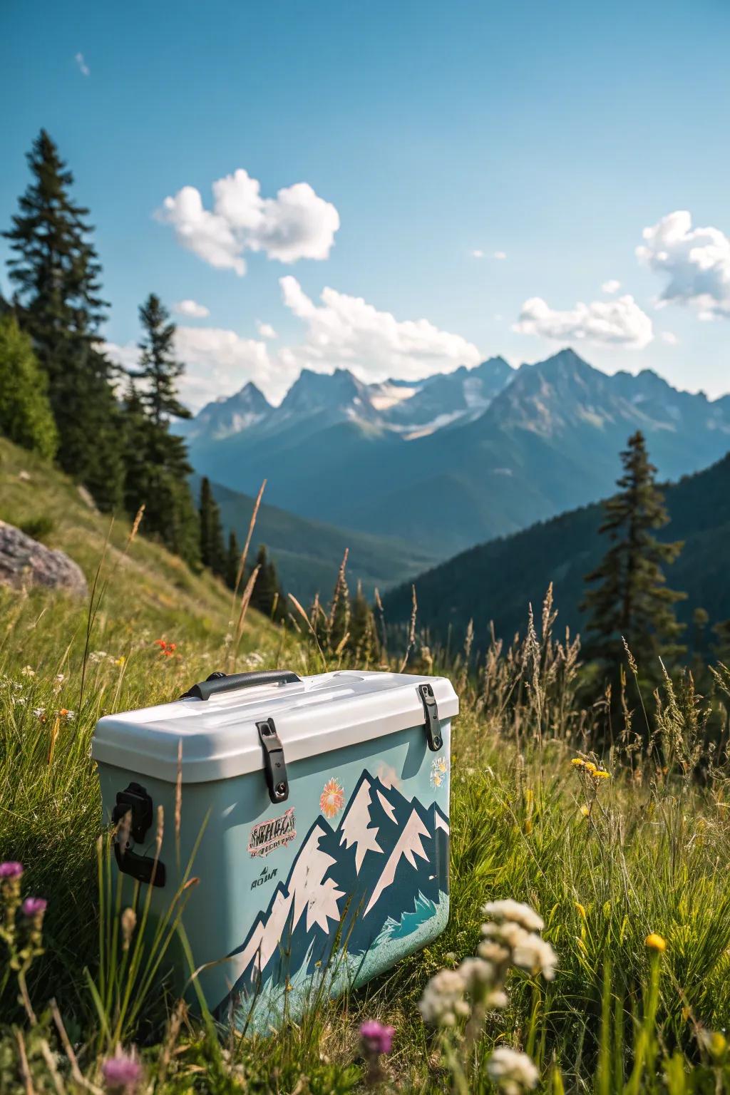 An adventure-themed cooler with hillside graphics.