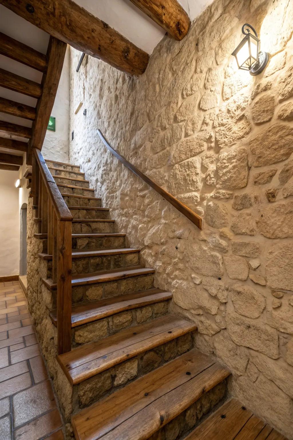 Textured walls make stairs more attractive.