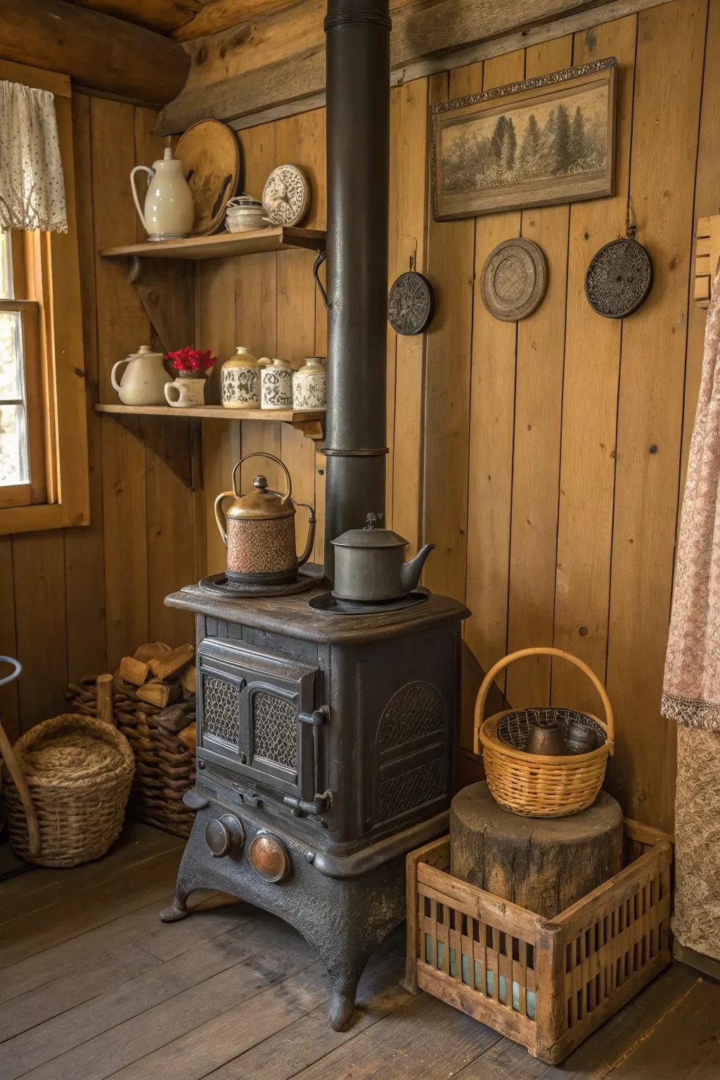 Old antiques add a nostalgic charm to your wood burner corner.