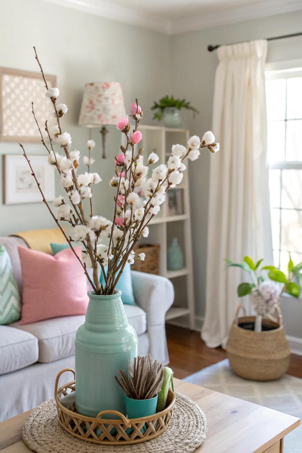 Springtime joy with cotton and pastel sprouts.