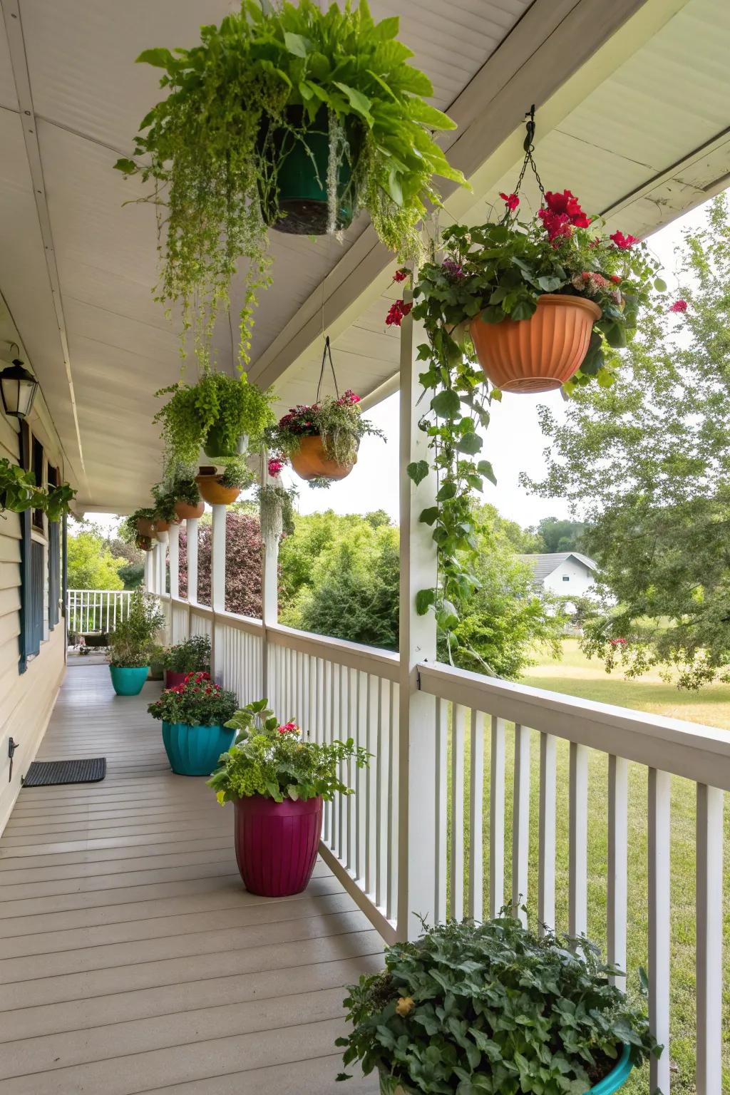 Dangling plants craft a lush, upright garden on your porch.